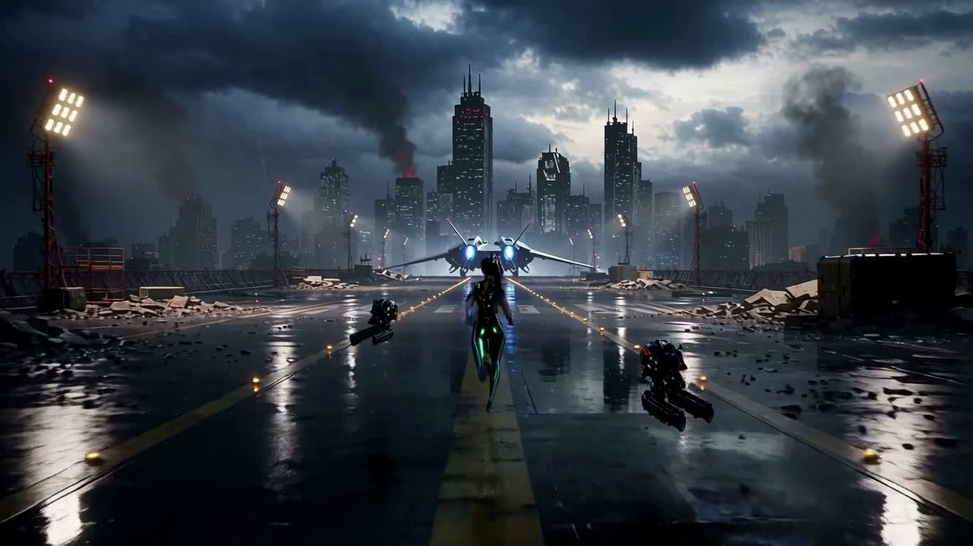 暴雨废墟天台：蓝光装甲飞行员突围 — AI video creation