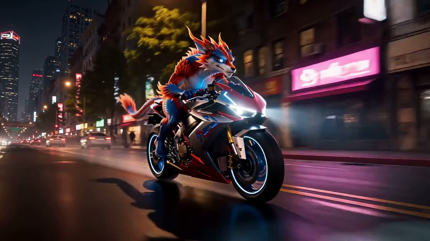 Cưỡi rồng cáo trong thành phố neon — AI video creation