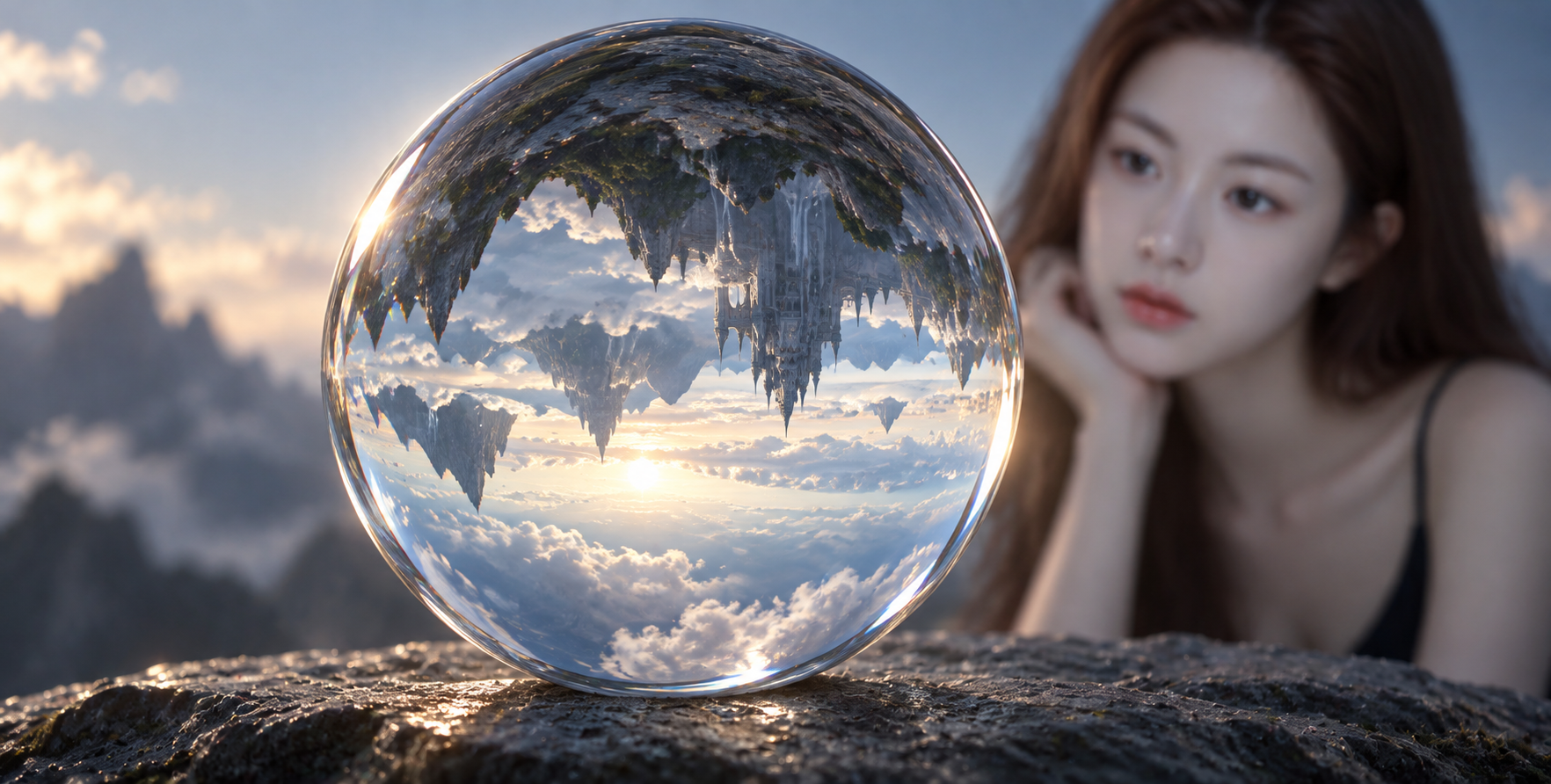 晶莹玻璃球中的倒置奇幻世界 — AI image creation