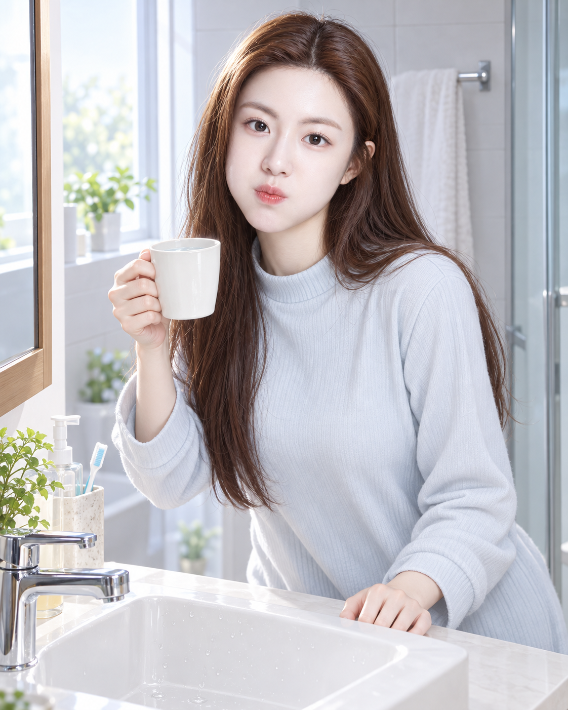 Khoảnh khắc tràn đầy sức sống của thiếu nữ xinh tươi súc miệng buổi sáng