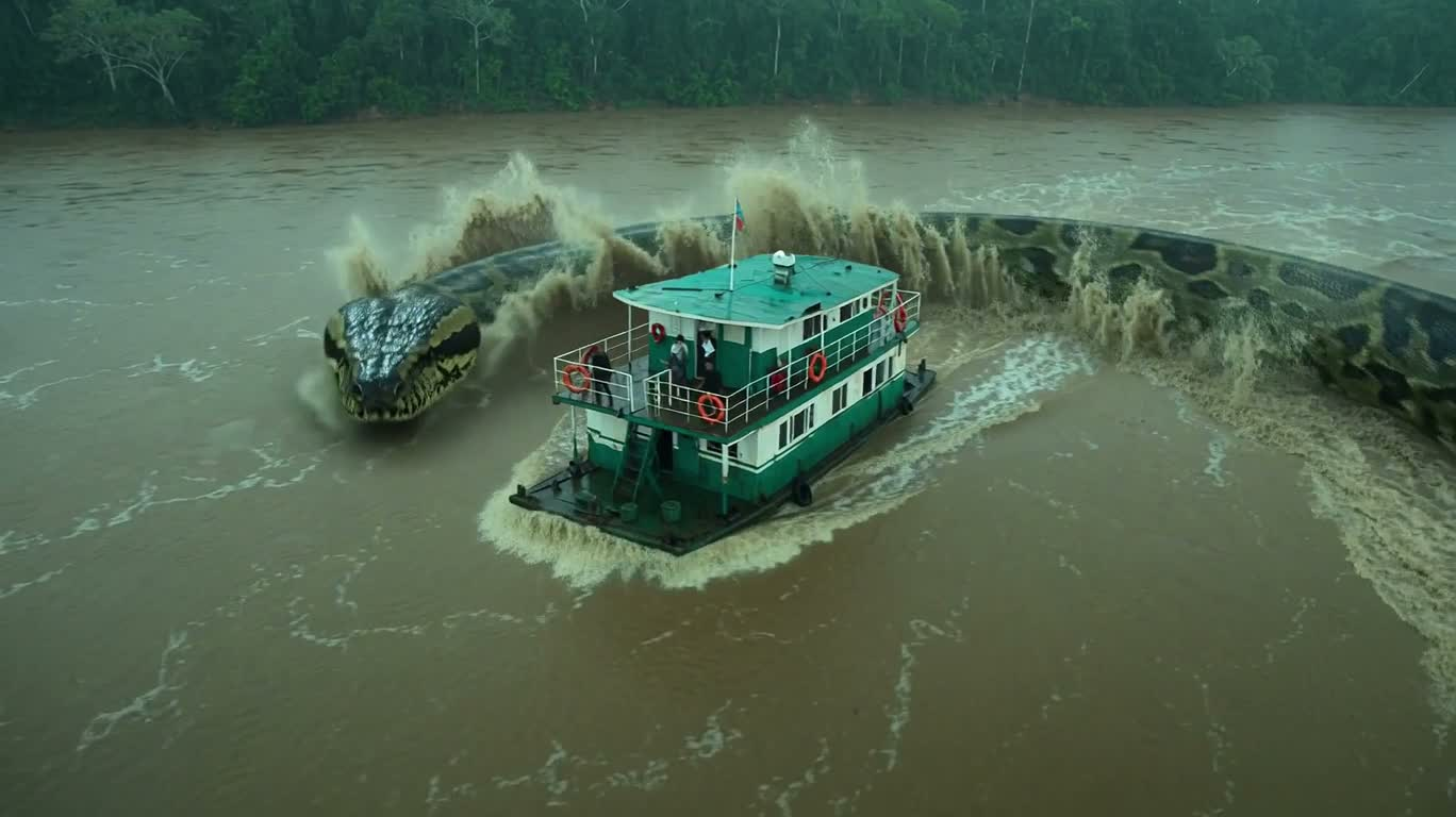 Giant Anaconda Pursuit in the Amazon Rainstorm — AI video creation