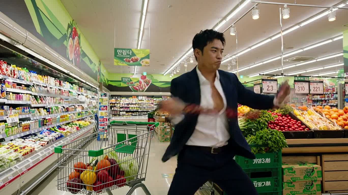 超市蔬果武打喜剧 — AI video creation