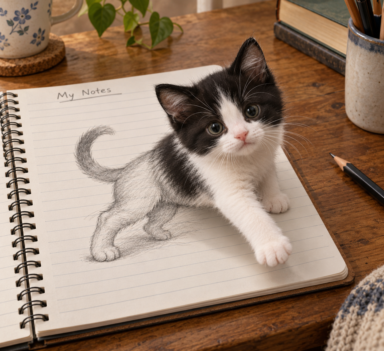 从螺旋笔记本跃出的黑白小猫 — AI image creation