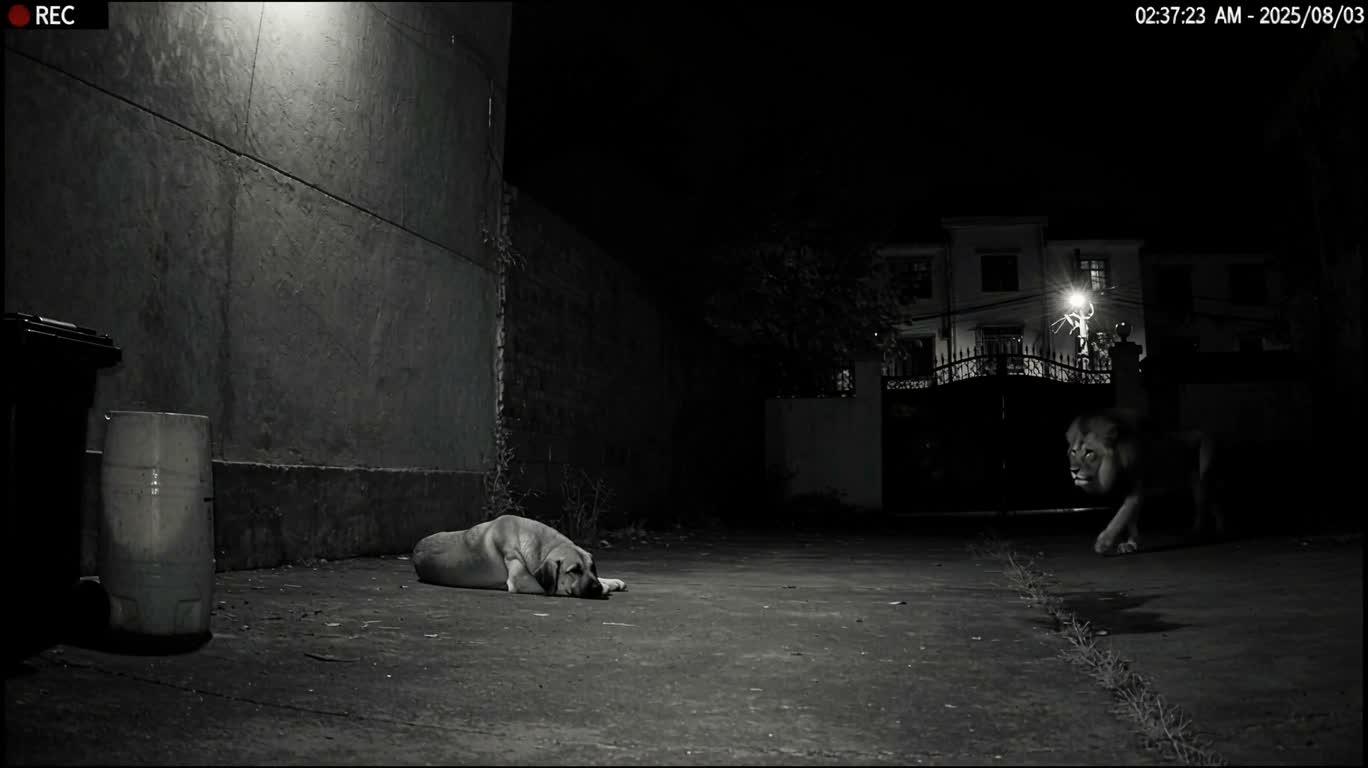夜视监控下的狮犬奇遇 — AI video creation