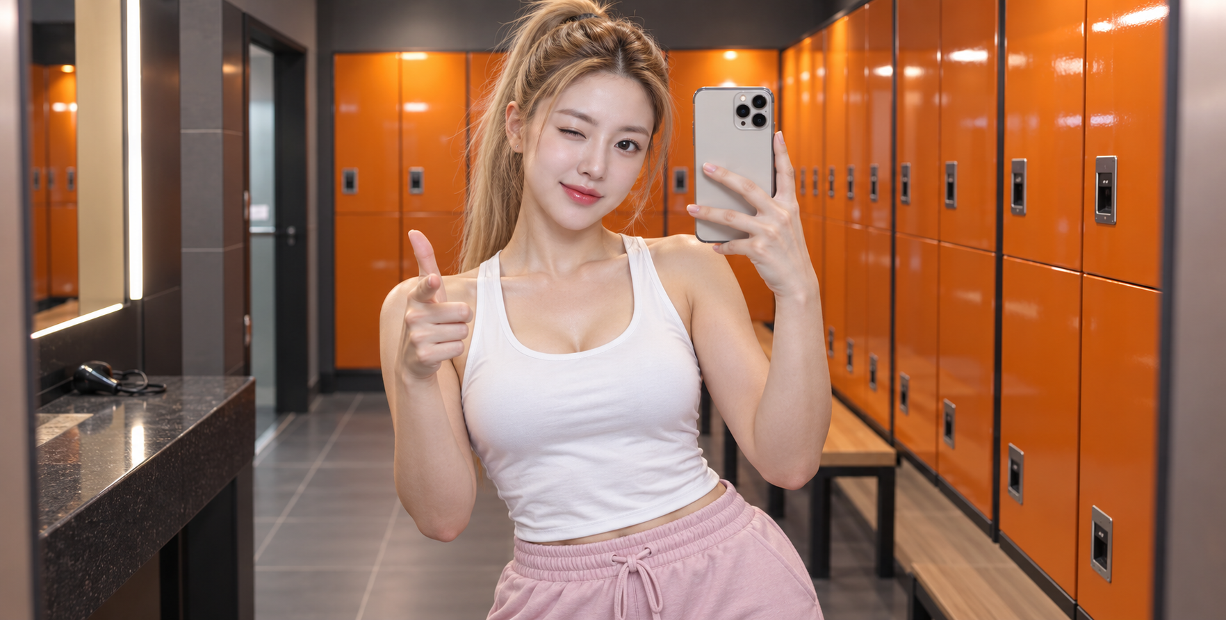 成年金发健身女性的俏皮镜前自拍 — AI image creation