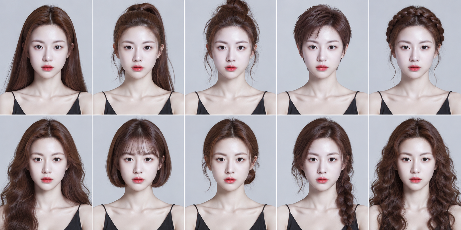 同一面孔的十种发型对照拼贴 — AI image creation