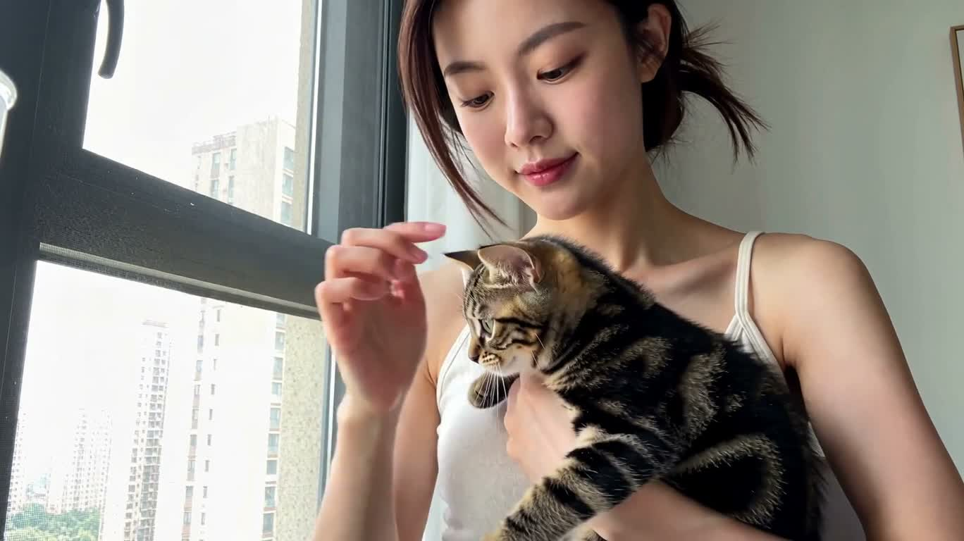 窗边逗猫,意外贴近镜头 — AI video creation