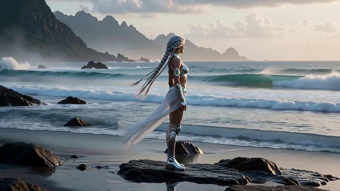 银发海岸科幻女战士 — AI video creation