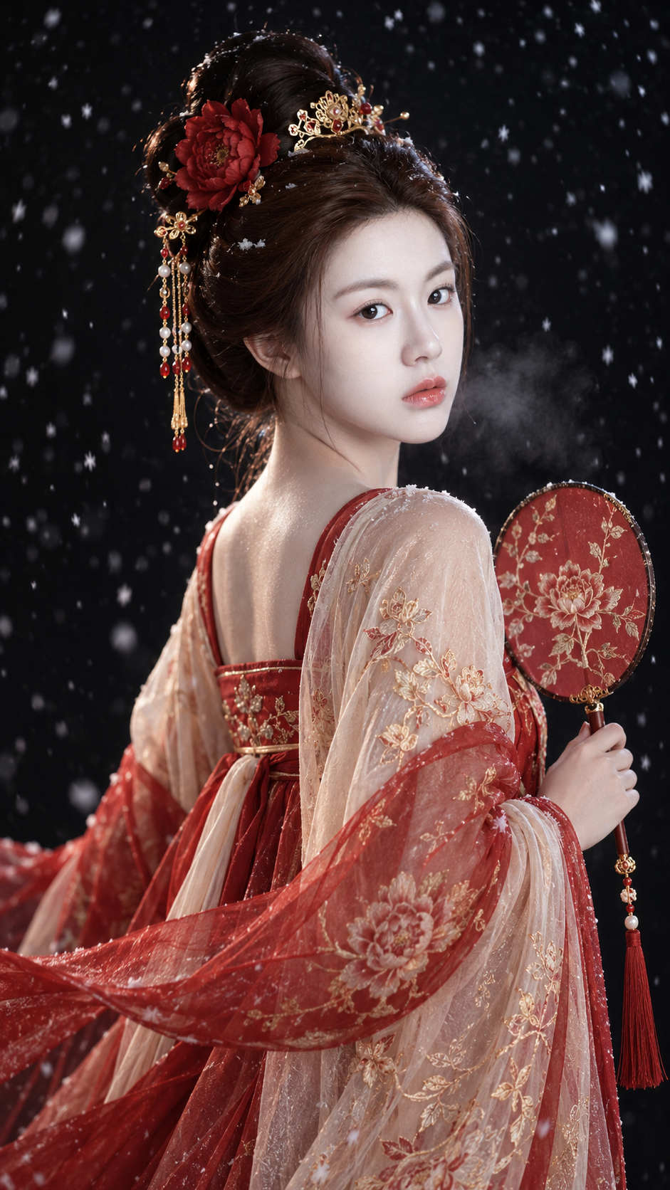 Portrait d'une robe ruqun rouge et or de style Tang dans une nuit enneigée