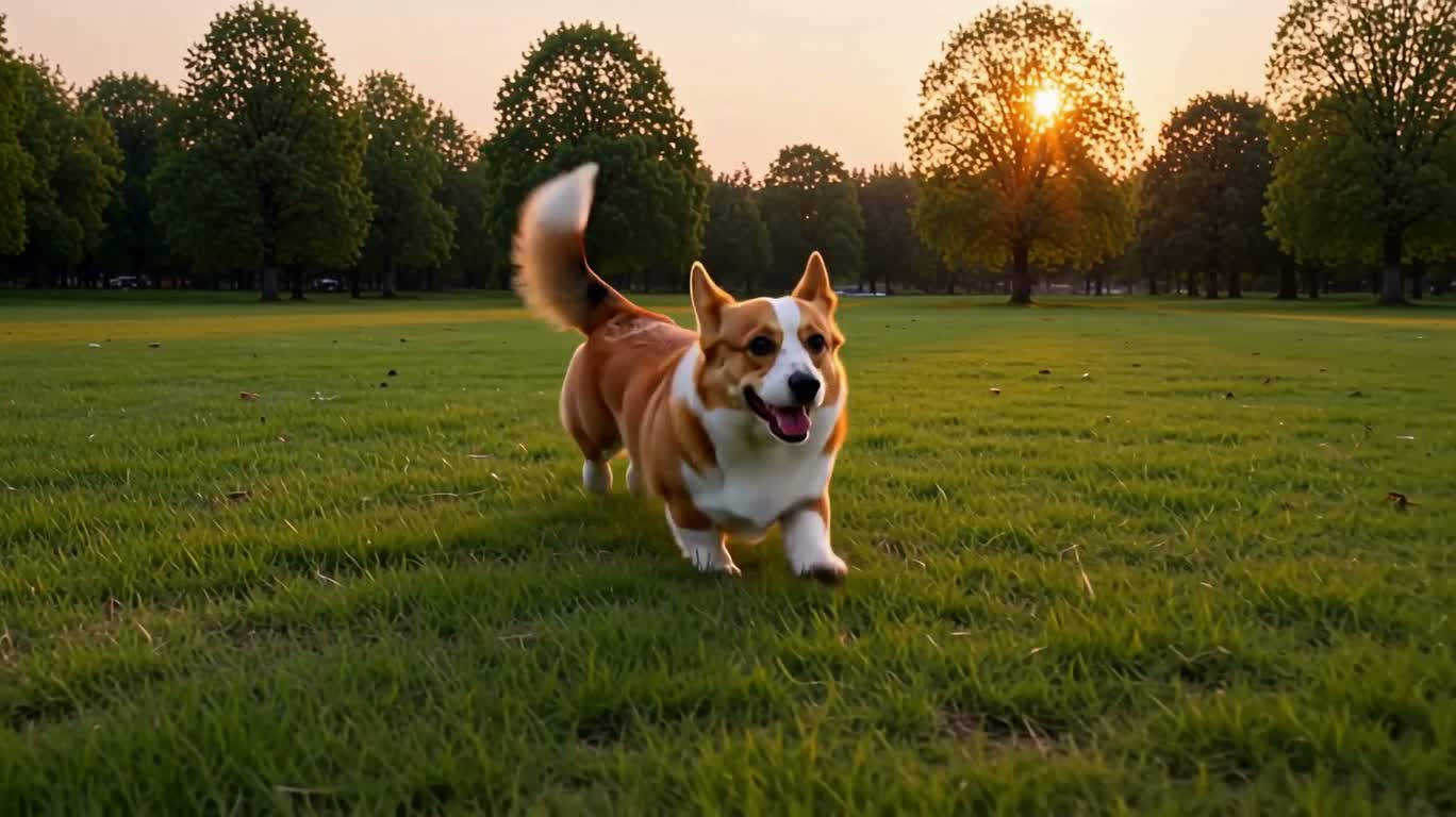夕阳公园里的快乐柯基