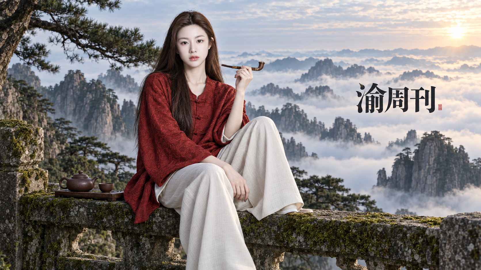 黄山云海朱砂红归乡时尚大片 — AI image creation