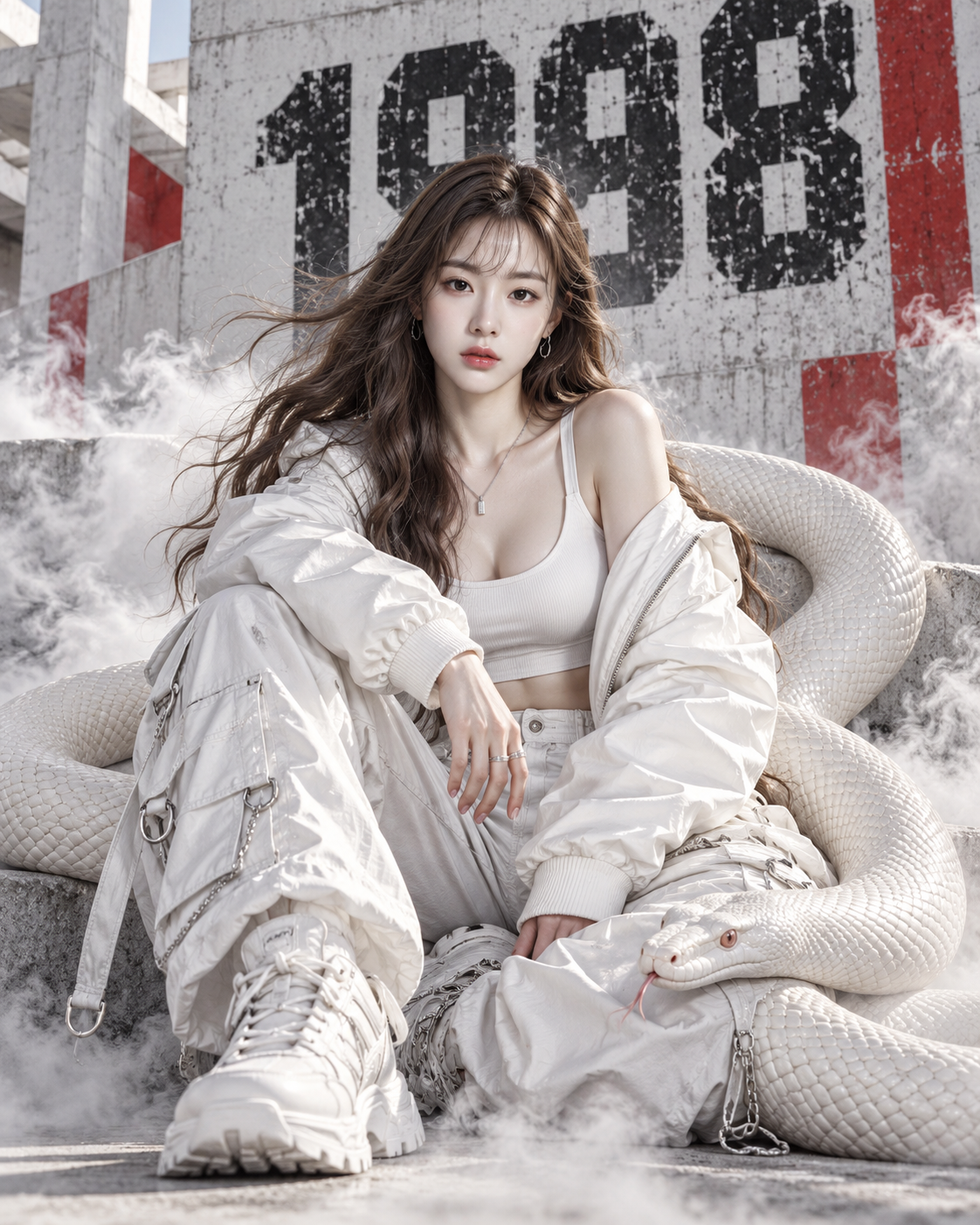 成年女性白色街头时尚与蟒蛇1998主题人像 — AI image creation