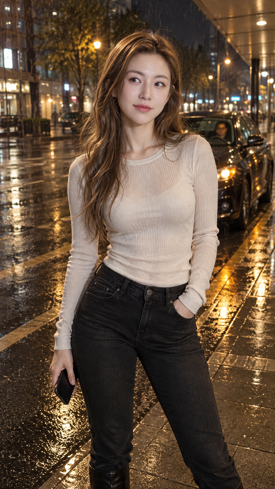雨夜出租车站成年女性街拍 — AI image creation