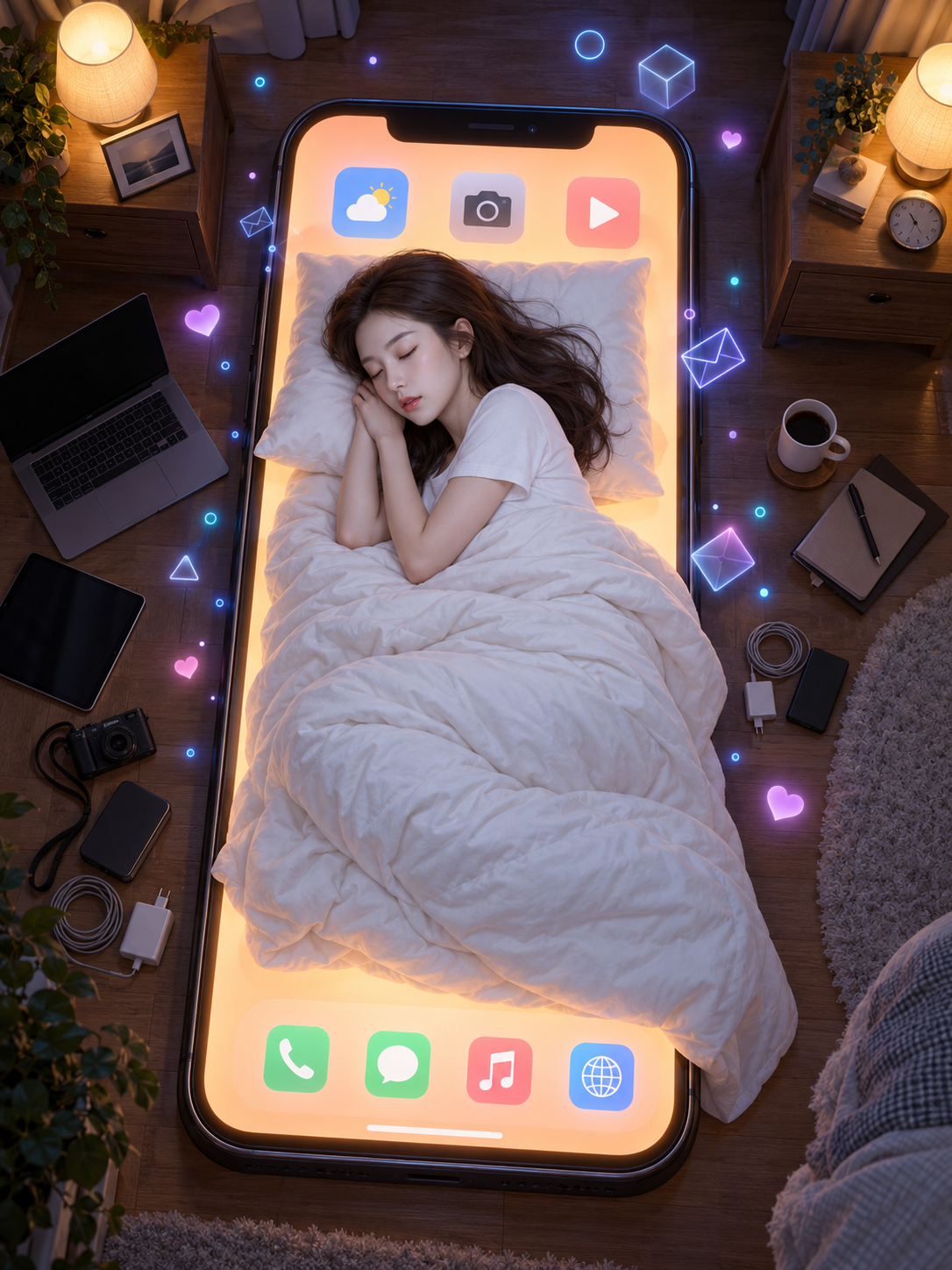 巨型手机床上的夜间数字梦境