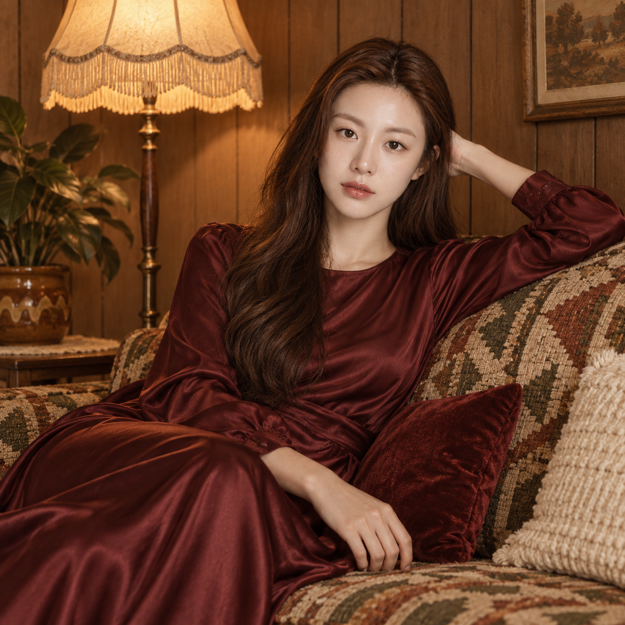 复古落地灯旁的成年女性电影感肖像 — AI image creation