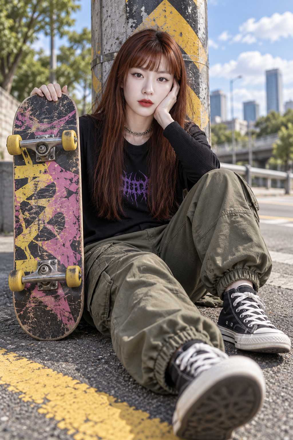 红发滑板者的城市街头人像 — AI image creation