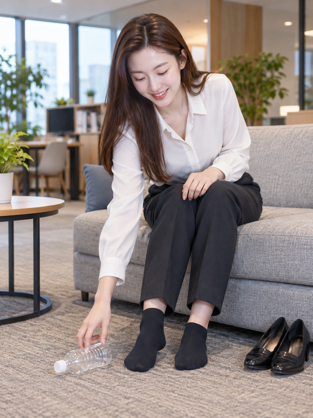 Nhân viên văn phòng Nhật đẩy nhẹ bình nước bằng chân trong phòng nghỉ