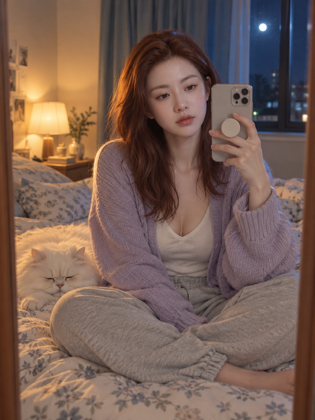 冷暖光影下的成年红发女性卧室自拍 — AI image creation