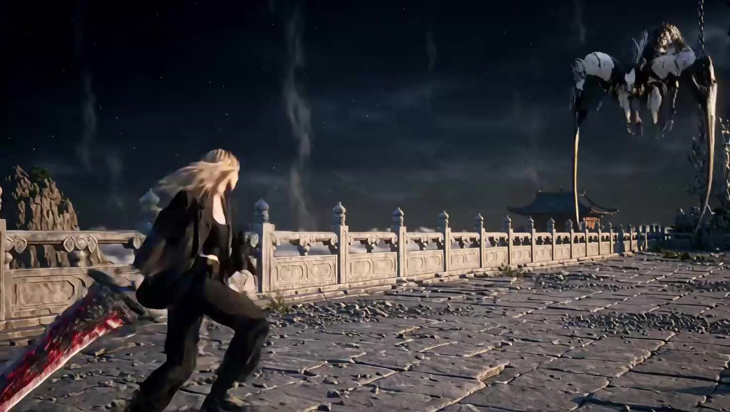Giant Sword Duel with Mechanical Mantis on an Ancient Suspended Bridge