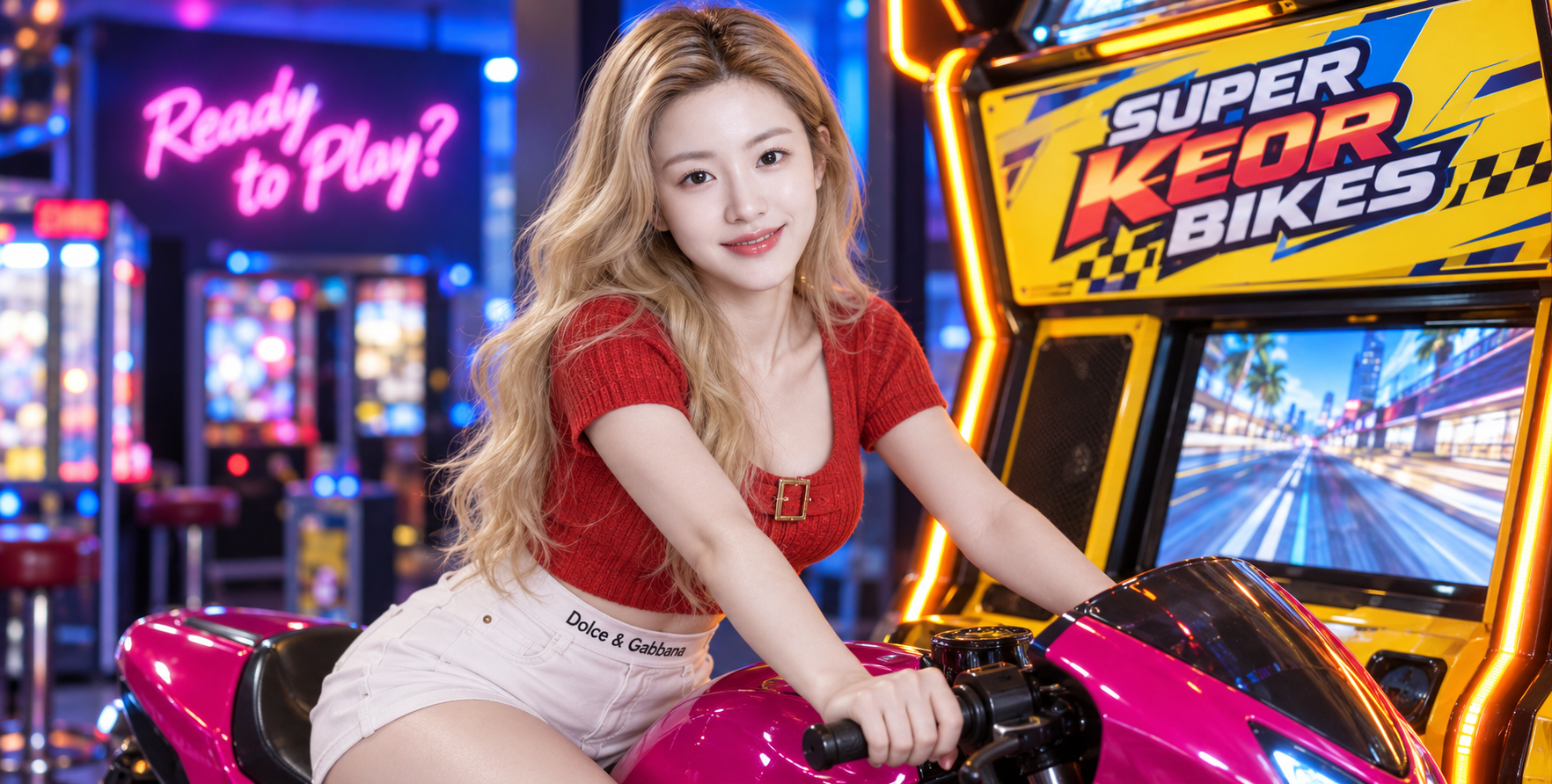 黄粉霓虹街机前的成年金发女性 — AI image creation