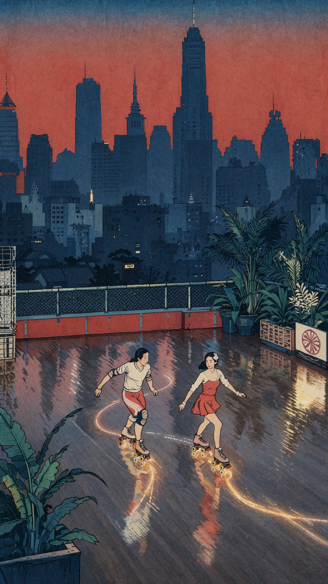 Sân trượt băng neon · Tranh khắc gỗ ukiyo-e