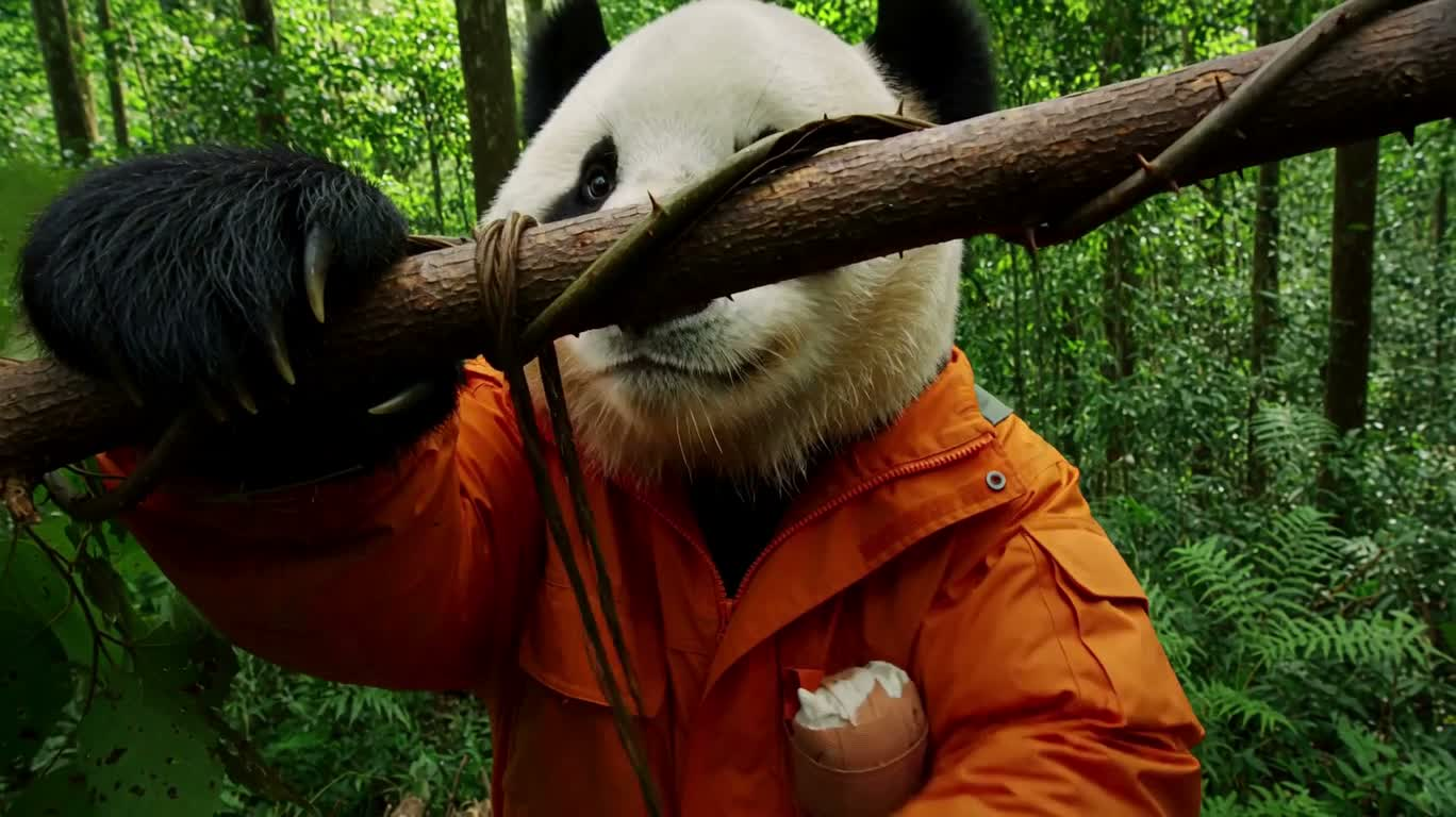 Pandas Building a Vine Bridge in the Rainforest