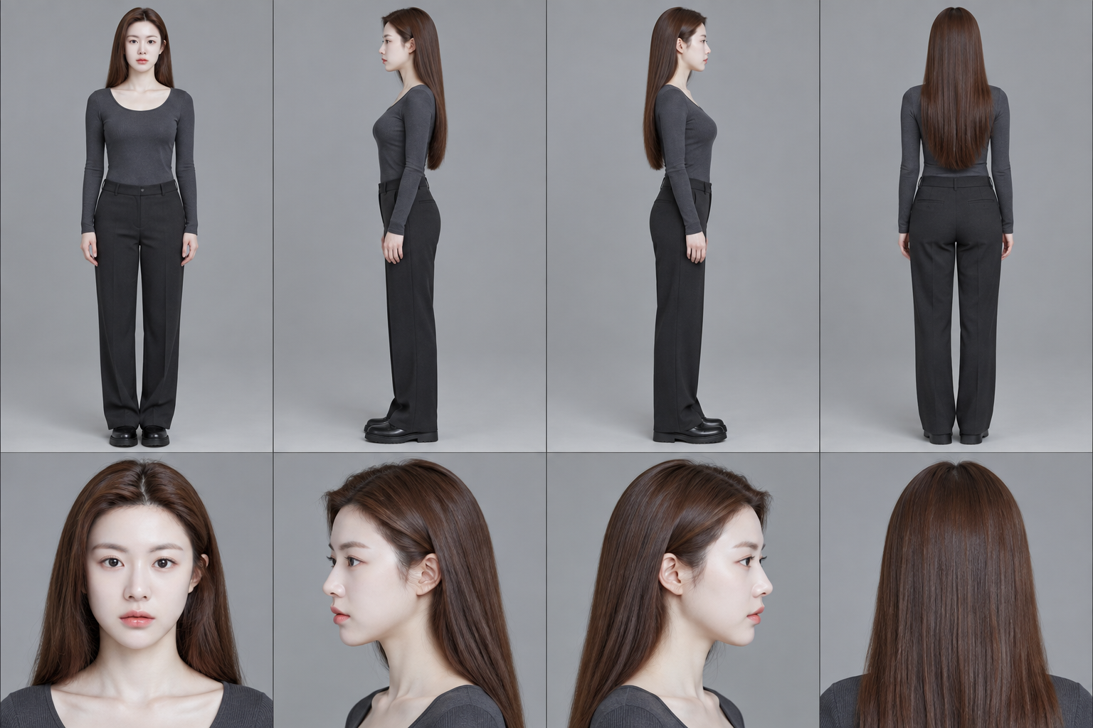 固定成年角色身份的四视角全身与头像参考表 — AI image creation
