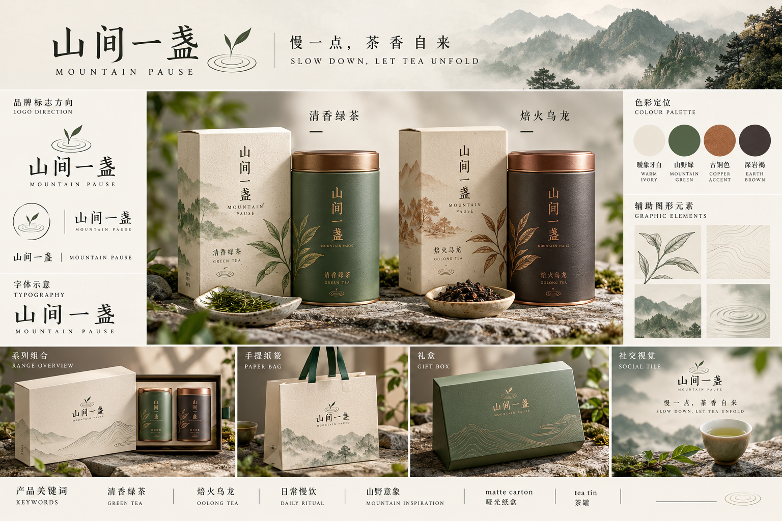 山间一盏茶品牌概念提案板 — AI image creation