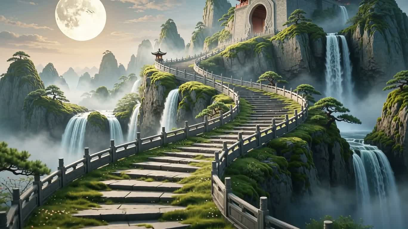 踏入永恒光境的青苔雪桥 — AI video creation