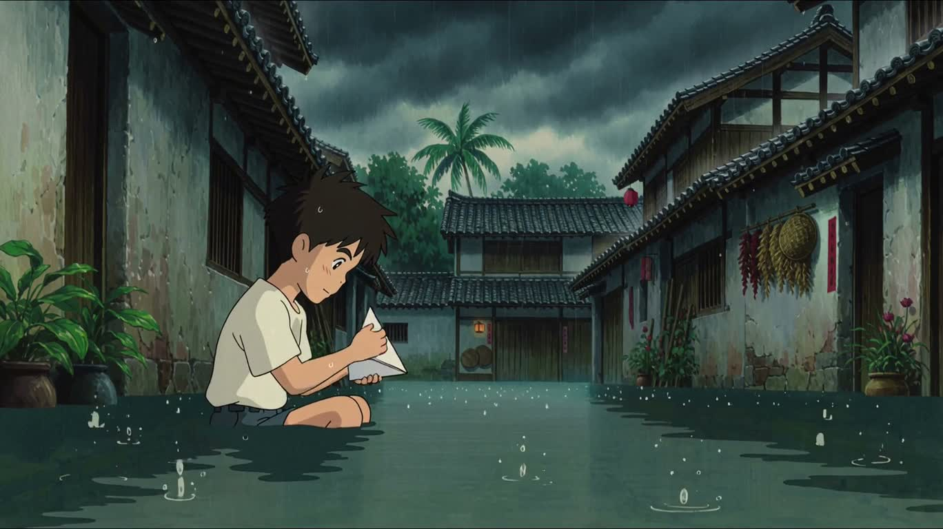 暴雨洪水中的纸船少年 — AI video creation