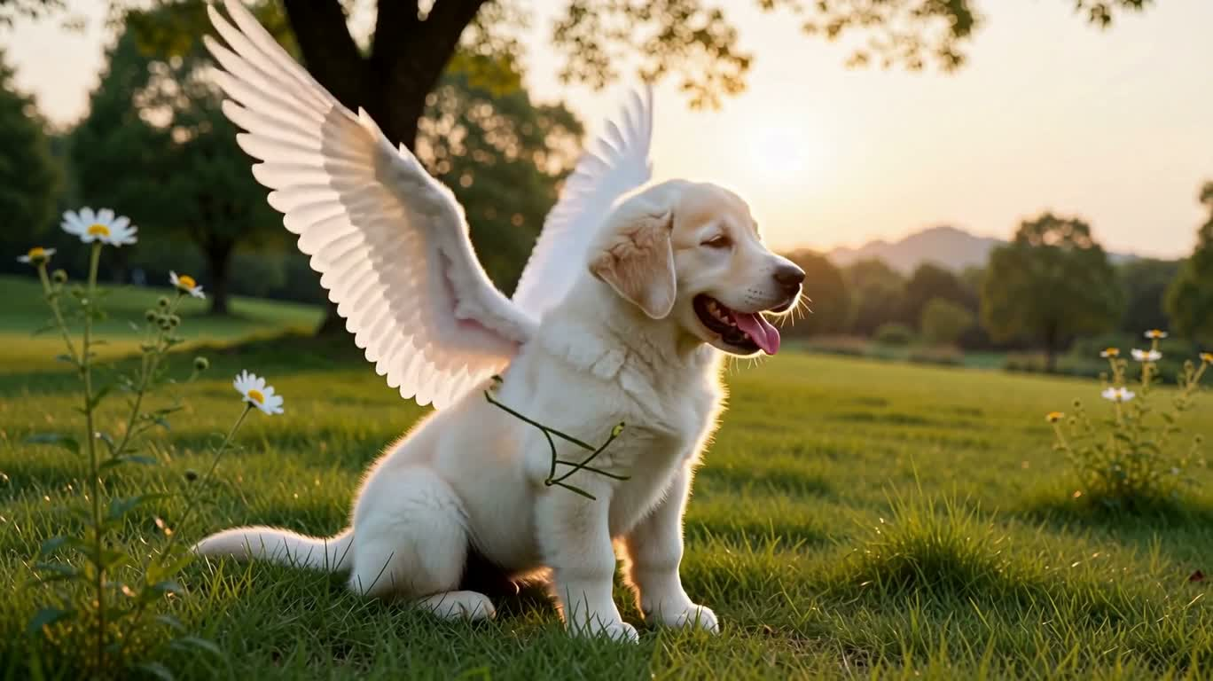 Chiot ange dans le parc au coucher du soleil — AI video creation