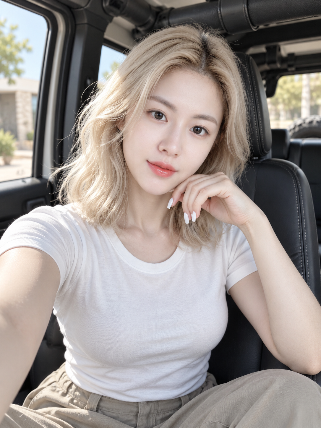 越野车中的铂金发成年女性肖像 — AI image creation