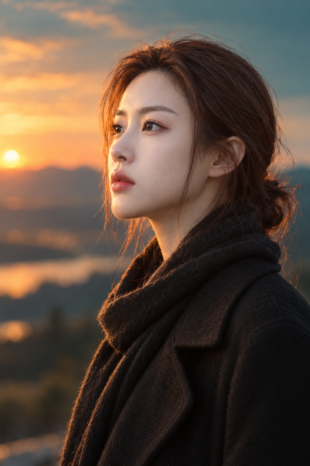 电影感日落下的东方女性侧颜 — AI image creation