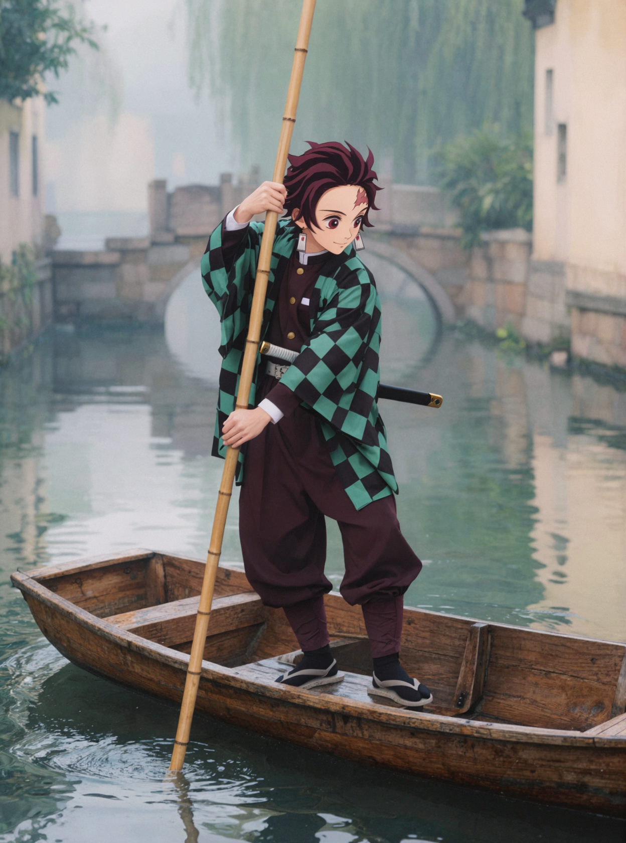 Tanjiro Kamado: A Morning Held by a Bamboo Pole — AI image creation