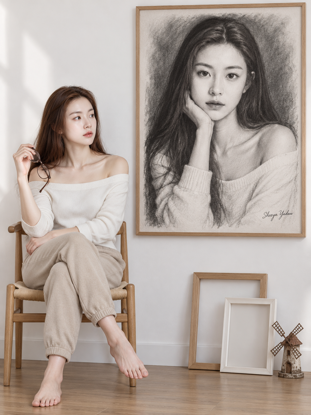 Femme contemplant son portrait en noir et blanc dans une galerie