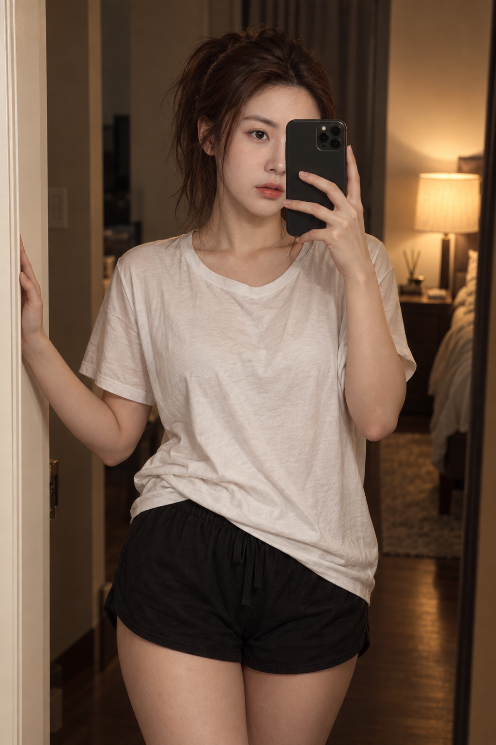 暖光卧室里的成年女性镜面肖像 — AI image creation