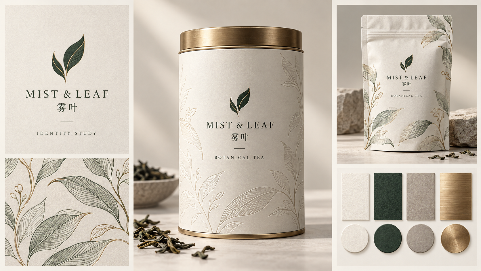 雾叶虚构茶品牌视觉识别展示板 — AI image creation