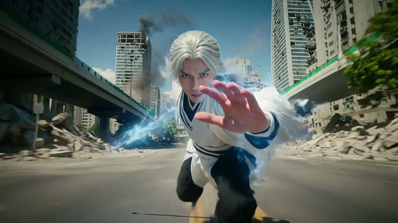 白发武者激战巨型装甲怪物 — AI video creation