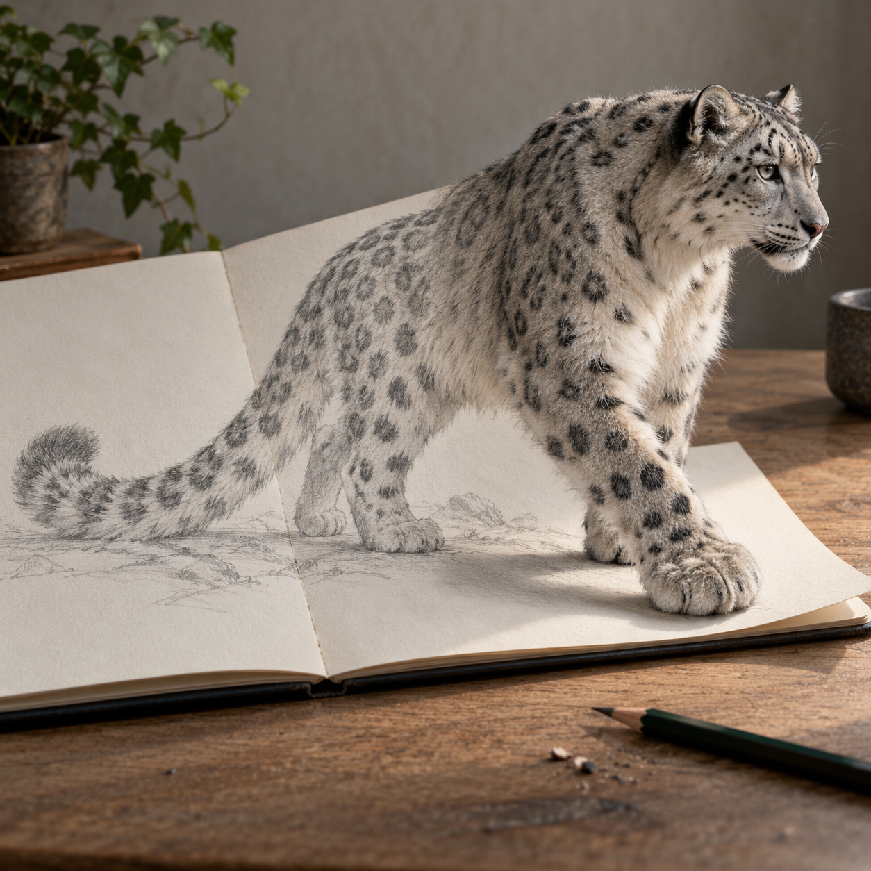 从笔记本雪豹素描中踏出的写实雪豹 — AI image creation
