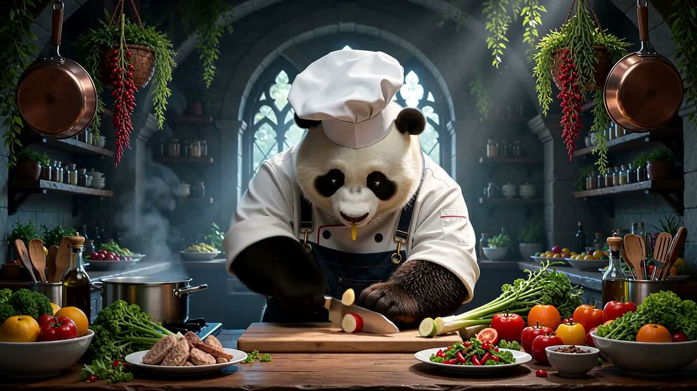 Chef panda fantastique au jeu de couleurs — AI video creation