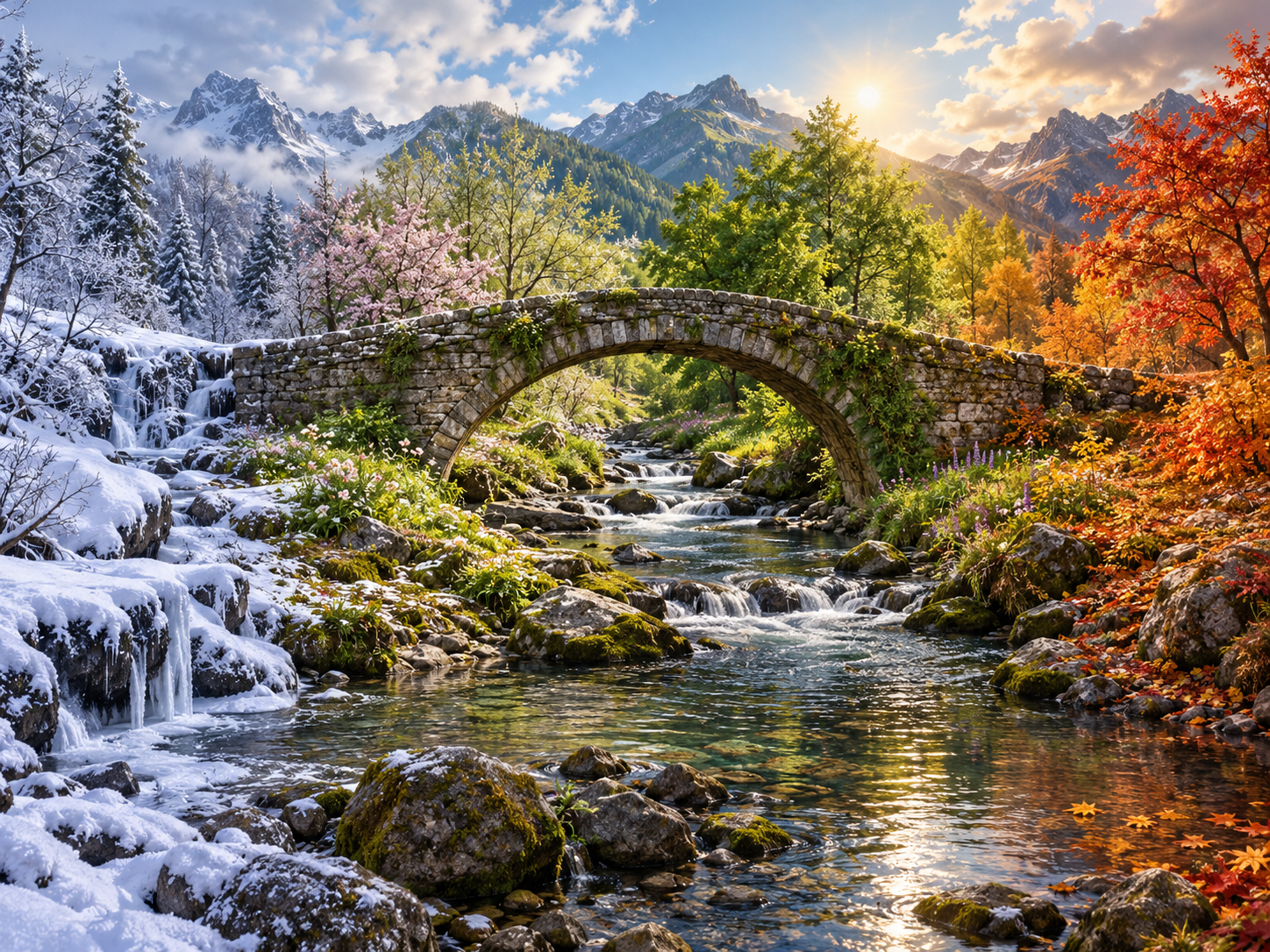 連続画面の四季の山溪 — AI image creation
