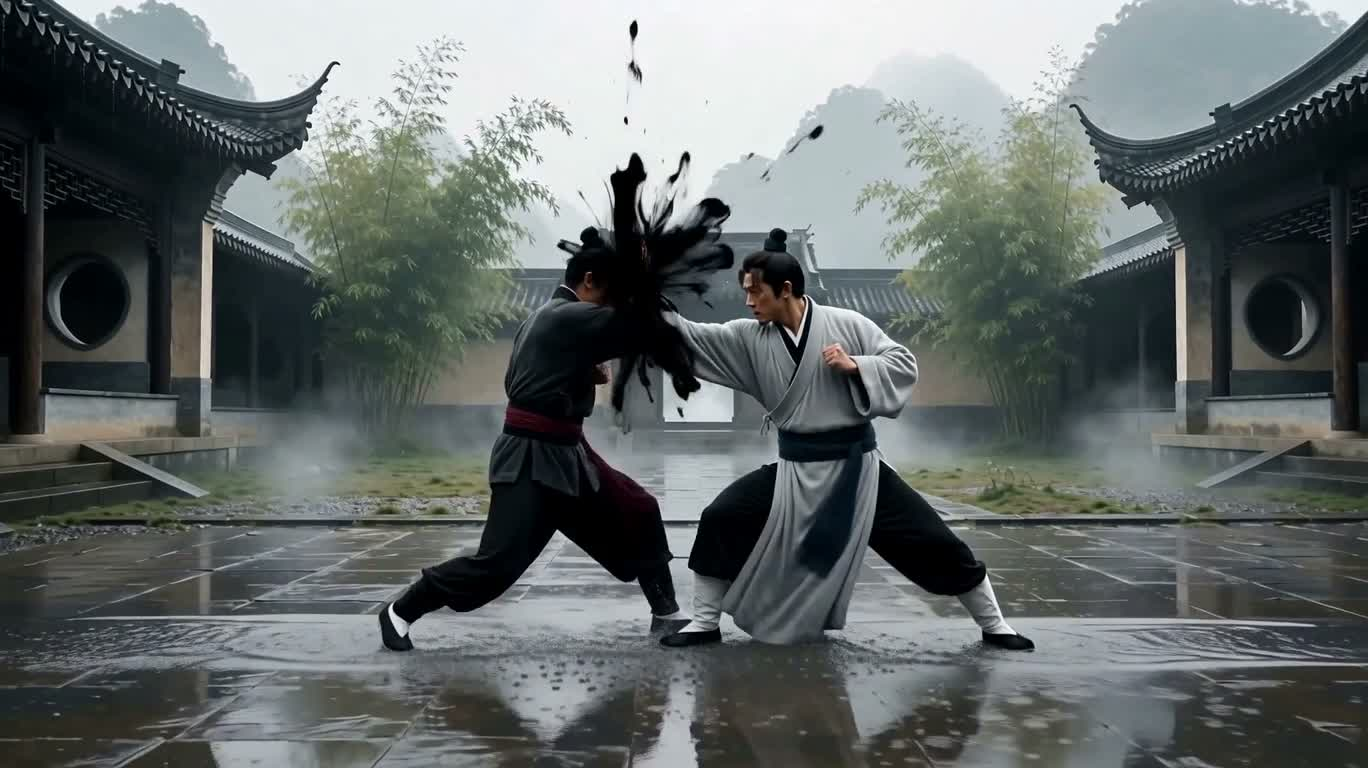 雨中水墨武侠对决