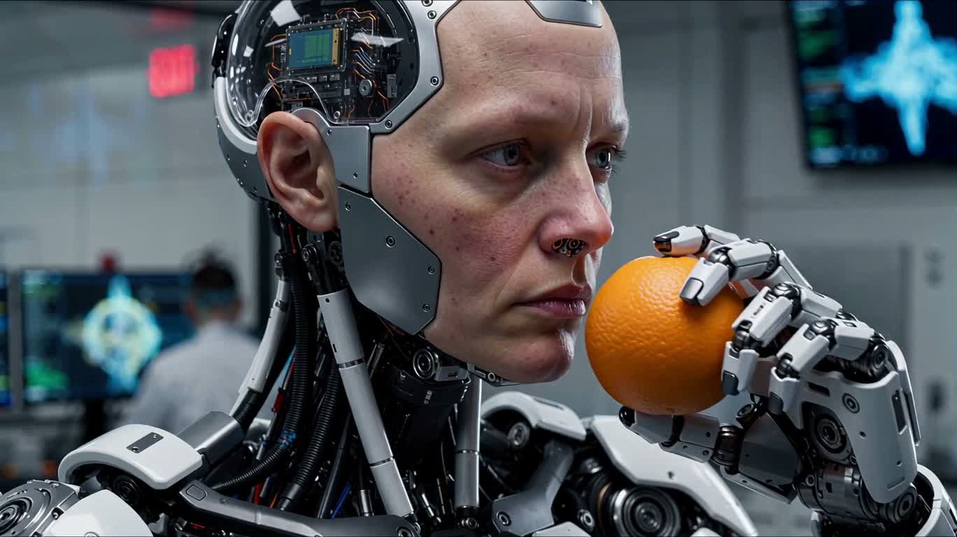 Gros plan d'un robot flairant une orange au laboratoire — AI video creation