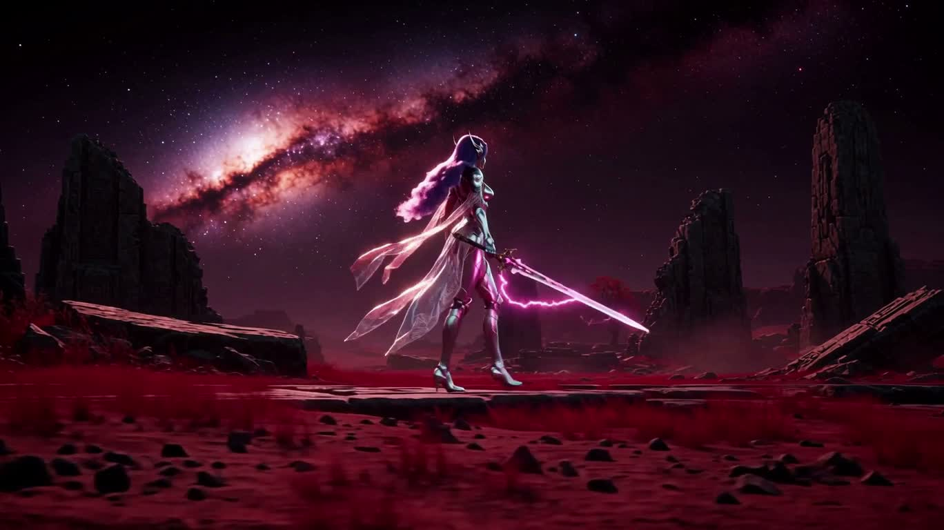 紫髪の女武士が異星の古城を守る — AI video creation