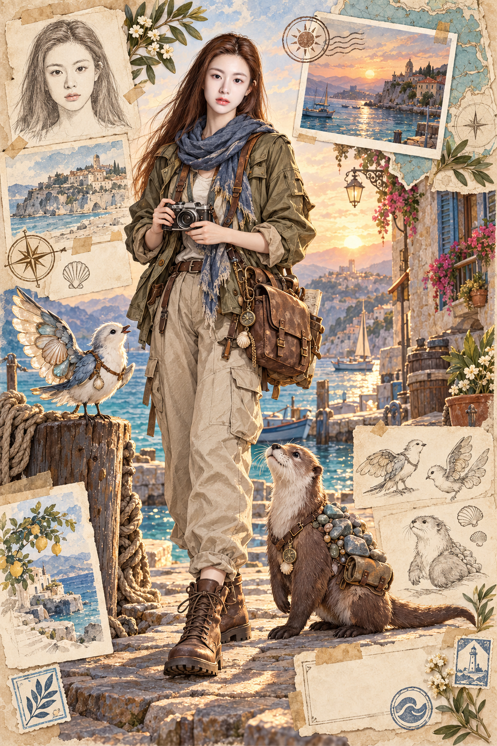 复古海港旅行手账中的成年奇幻生物训练师 — AI image creation