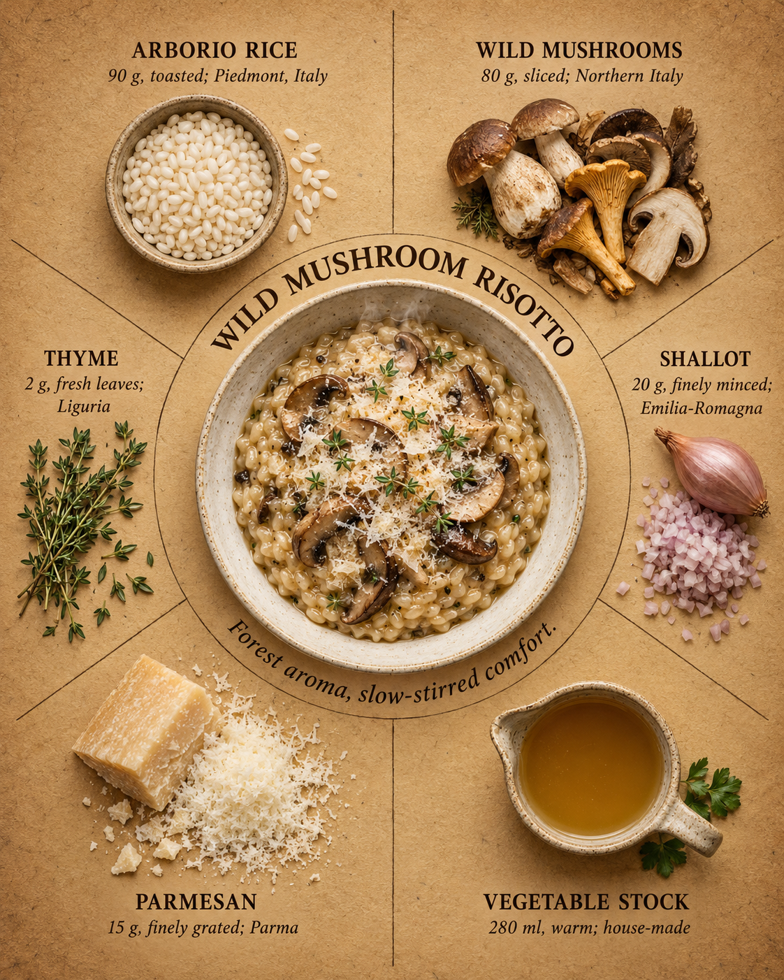 牛肝菌烩饭的放射式食谱海报 — AI image creation
