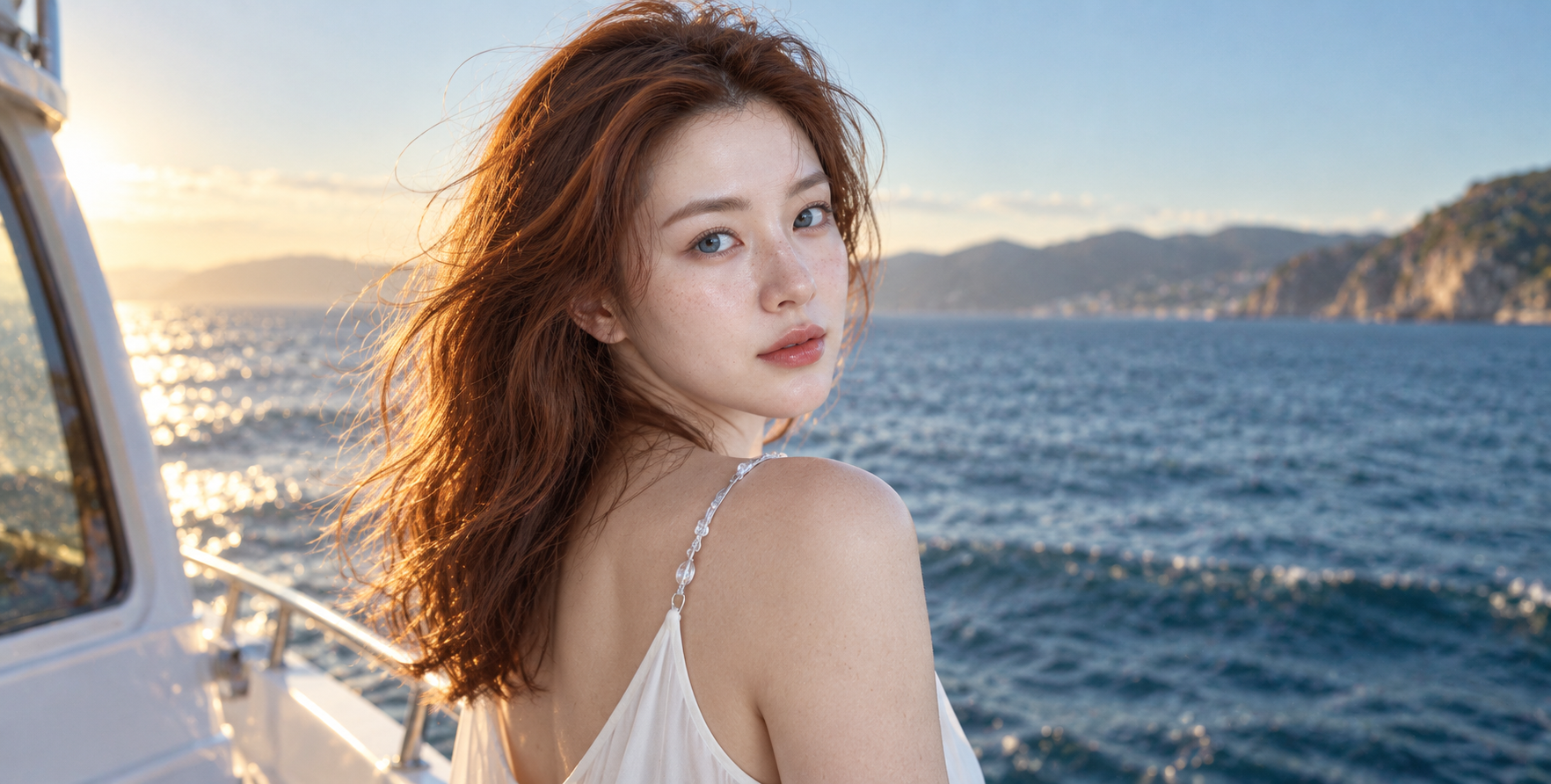 落日海风中的成年女性回眸 — AI image creation
