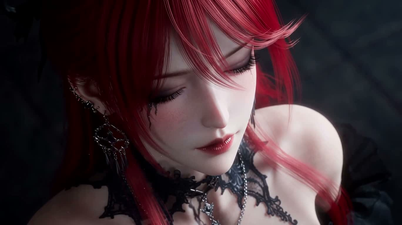 赤髪ゴシックキャラクターの魔法の微笑み — AI video creation