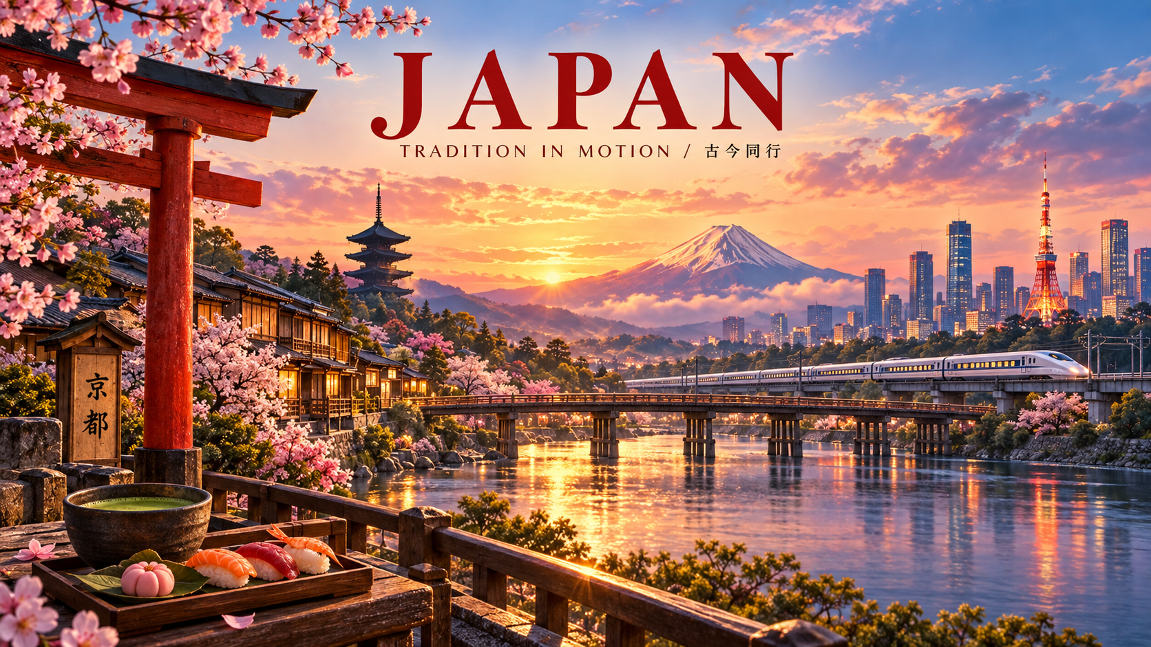 京都至东京黄金时刻日本全景旅行海报 — AI image creation