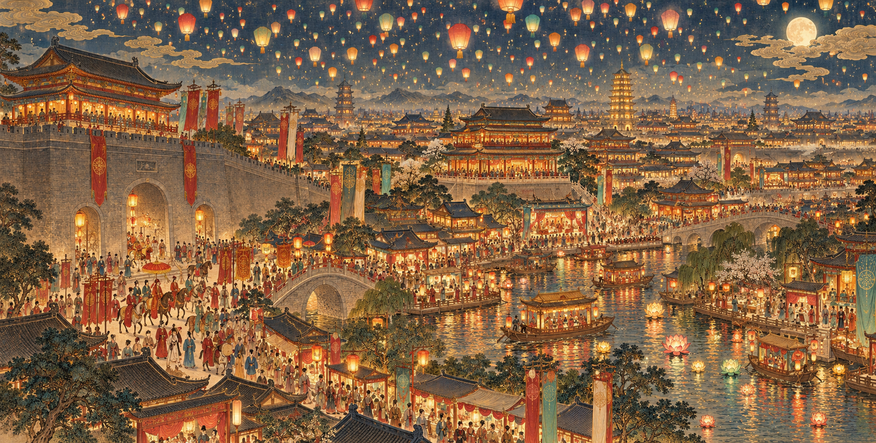唐代长安元宵灯会全景图 — AI image creation
